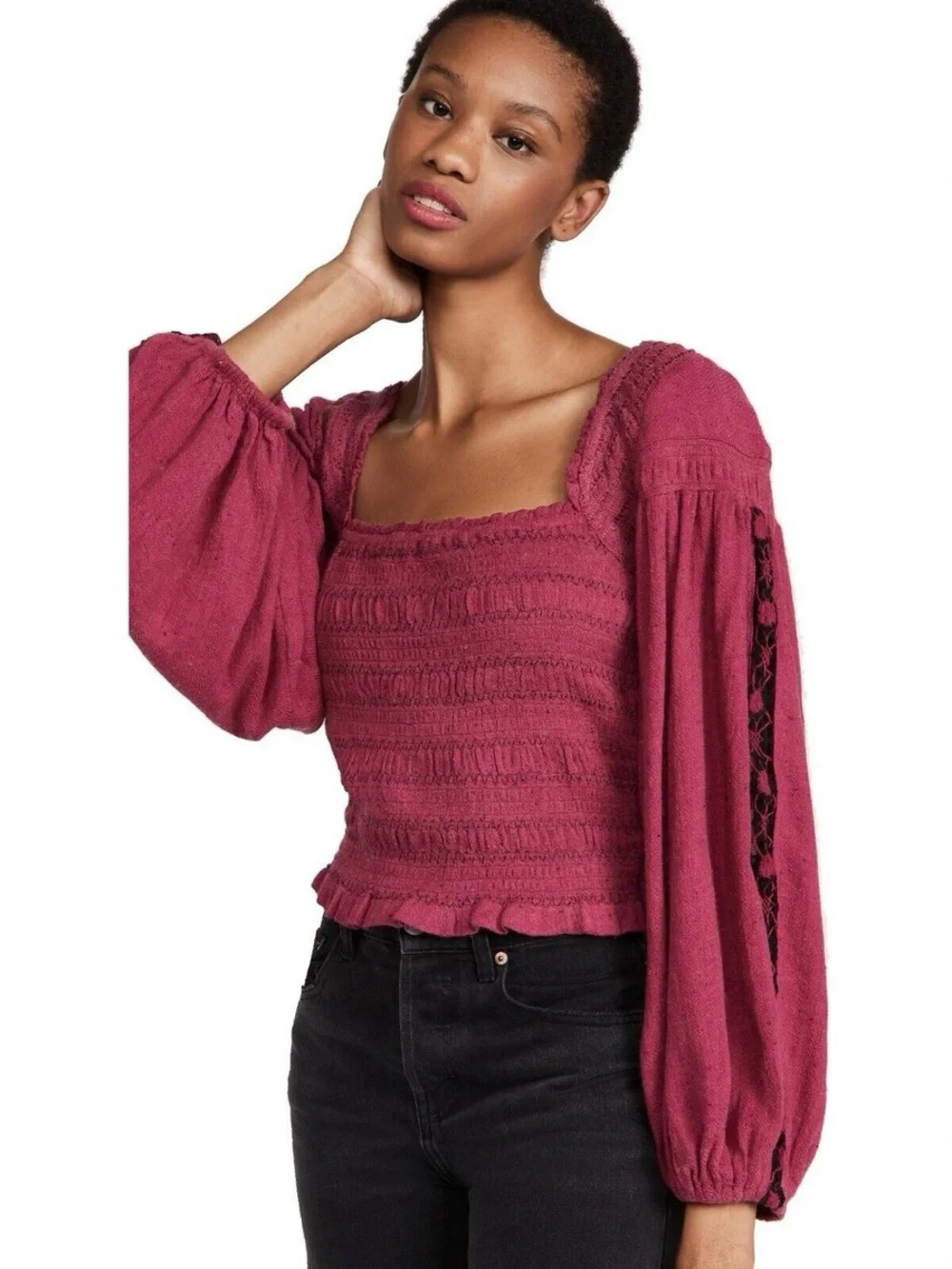 NWT Free People Rose Embroidered Maggie Peasant Sleeve Bohemian Top